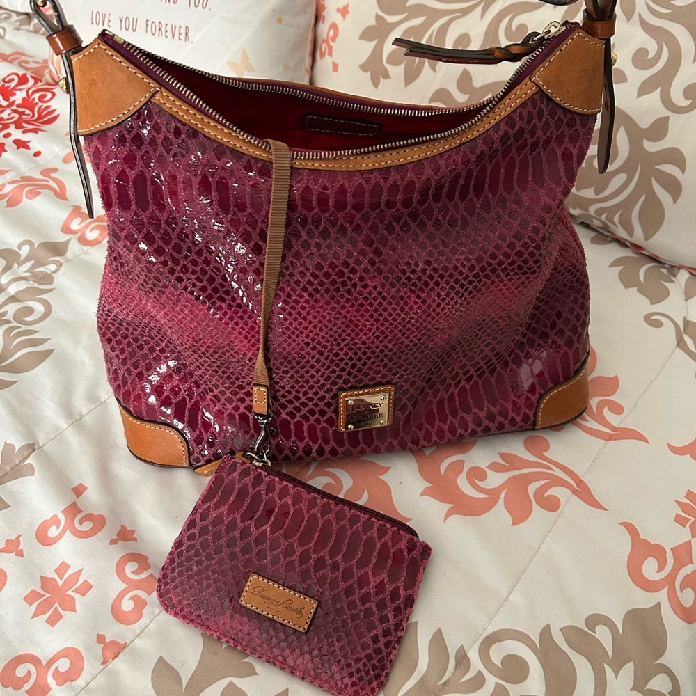 Dooney & Bourke Red and Brown Hobo Bag with Leather Trim